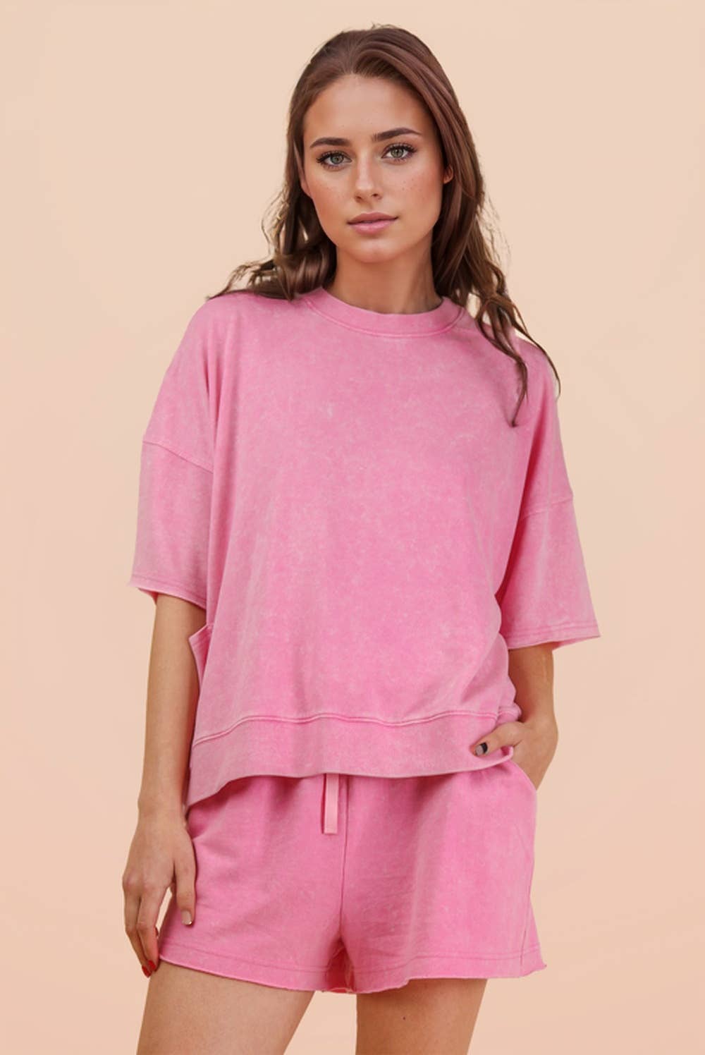 Mineral Washed Knit Casual Top & Shorts: DENIM