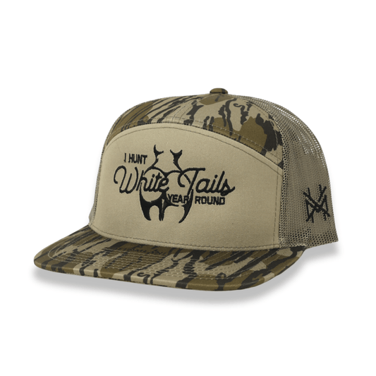 I Hunt White Tails Year Round Trucker Hat: 7 Panel Bottomland/ Loden/ Bottomland