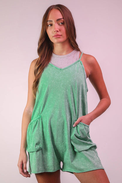 NP70359-Mineral Washed Sleeveless Casual Knit Romper: SUNSET