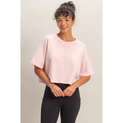 Boxy Crew Neck Top With Pocket: SOFT PINK