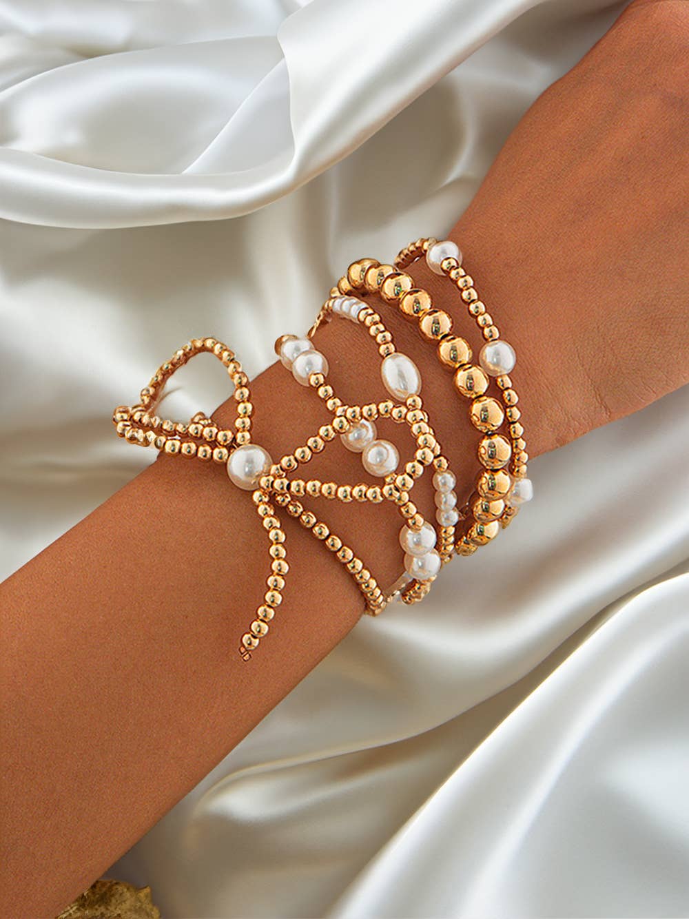 Valentine's Bow Knot Pearl Beaded Multi Layered Bracelet Set: Gold