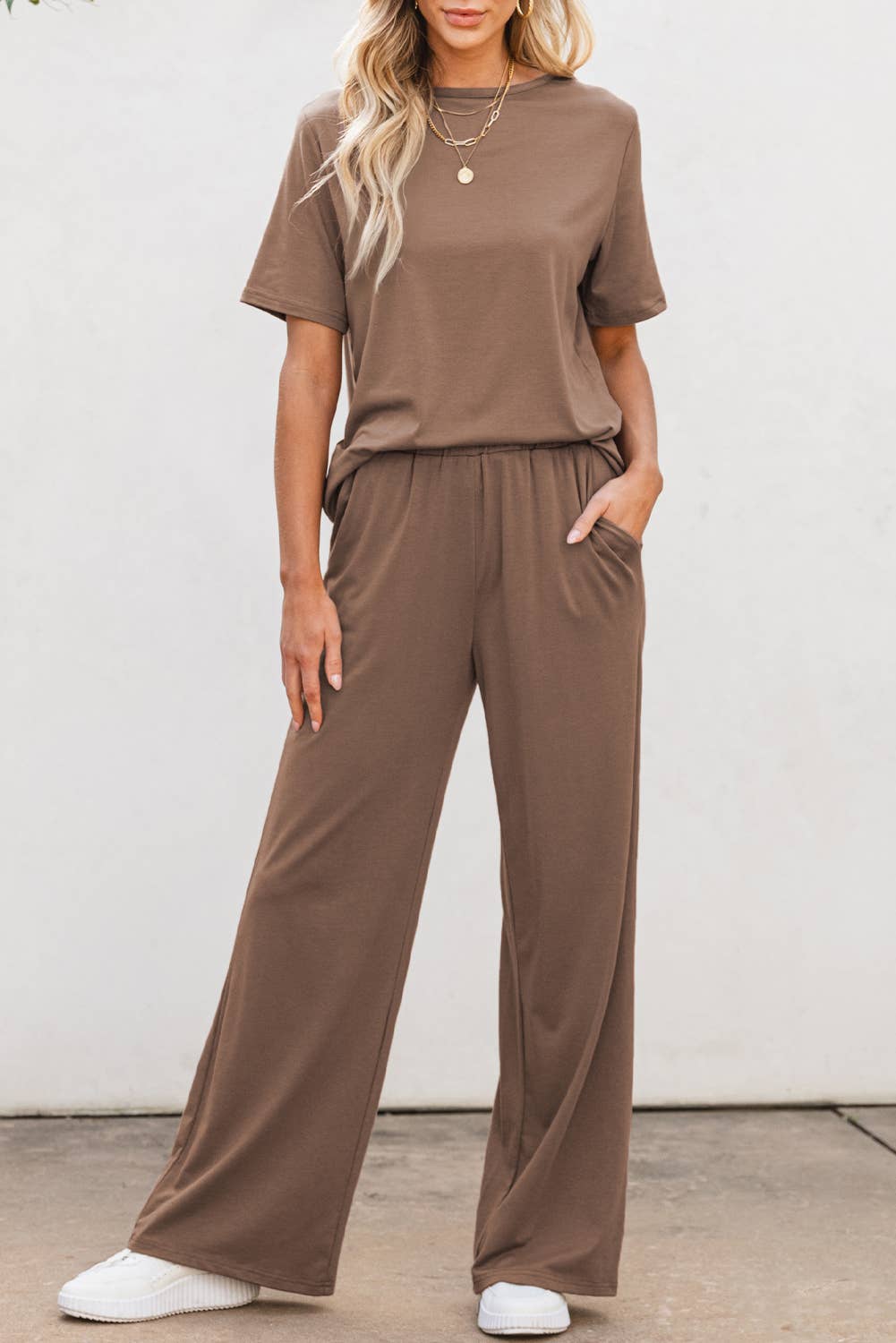 Solid Color T Shirt 2pcs Wide Leg Pants Set: Smoke Gray / Missy / XL