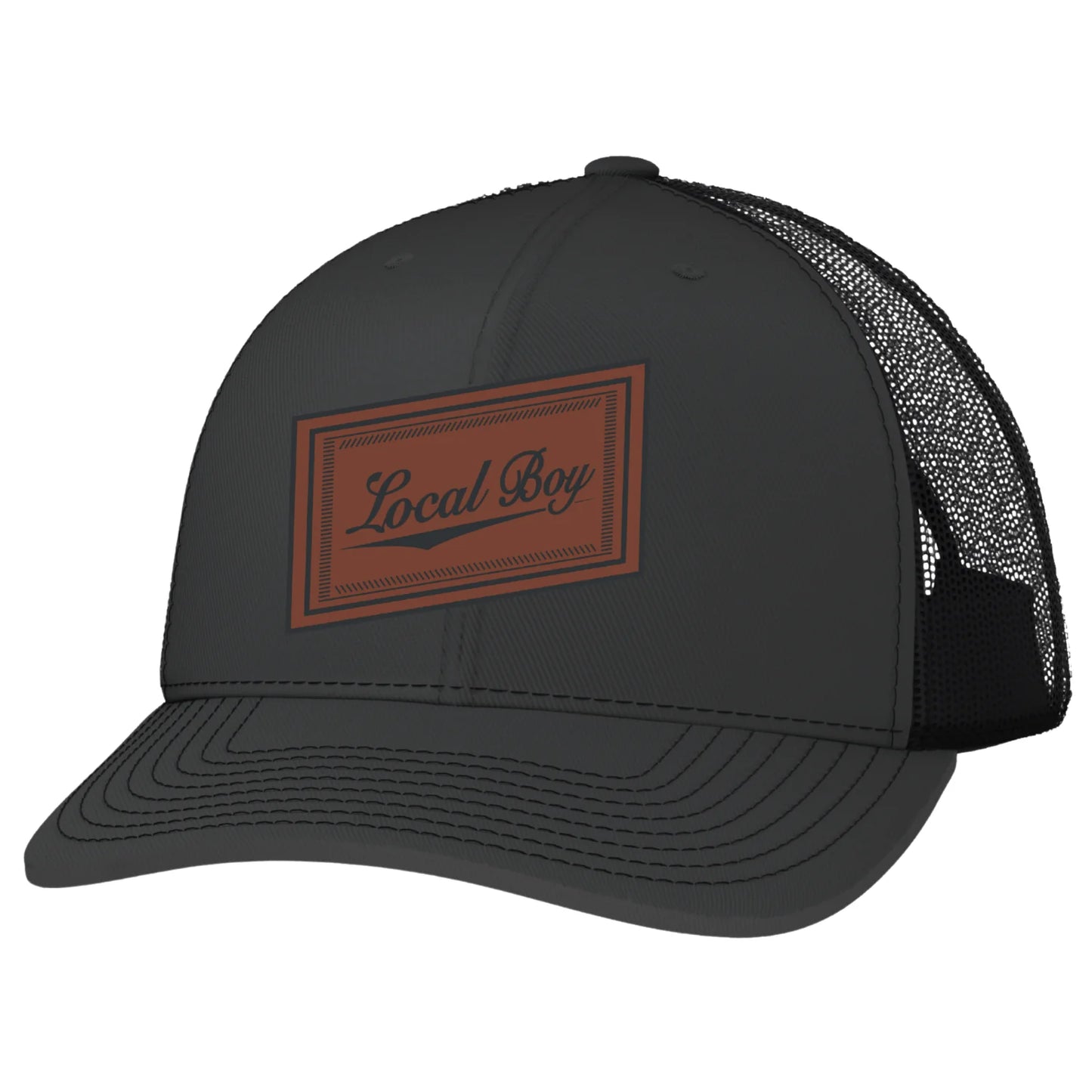 Local Boy Leather Slant Trucker Hat- Charcoal/Black