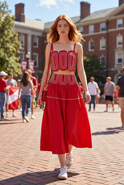 Exclusive Lace Trimmed Top & Skirt Set: CRIMSON/WHITE / S
