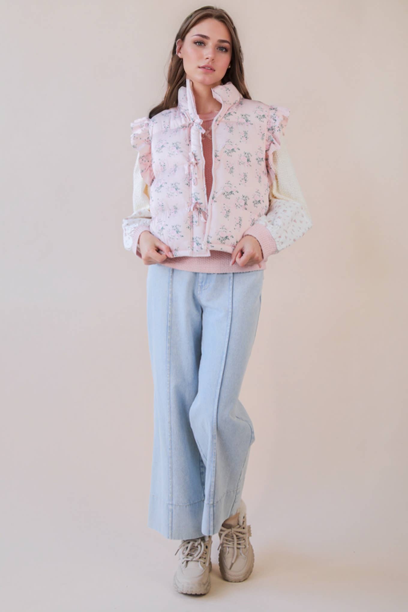 NJ90385-Front Bow Ruffle Sleeve Puffer Vest: SAGE