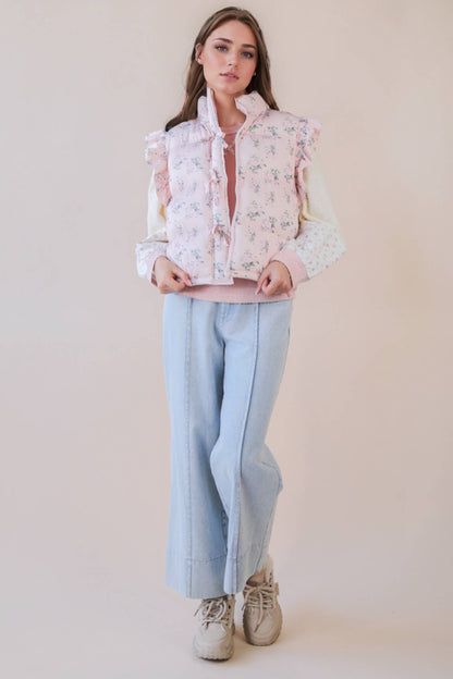 NJ90385-Front Bow Ruffle Sleeve Puffer Vest: SAGE