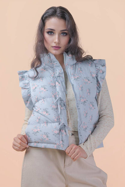 NJ90385-Front Bow Ruffle Sleeve Puffer Vest: SAGE