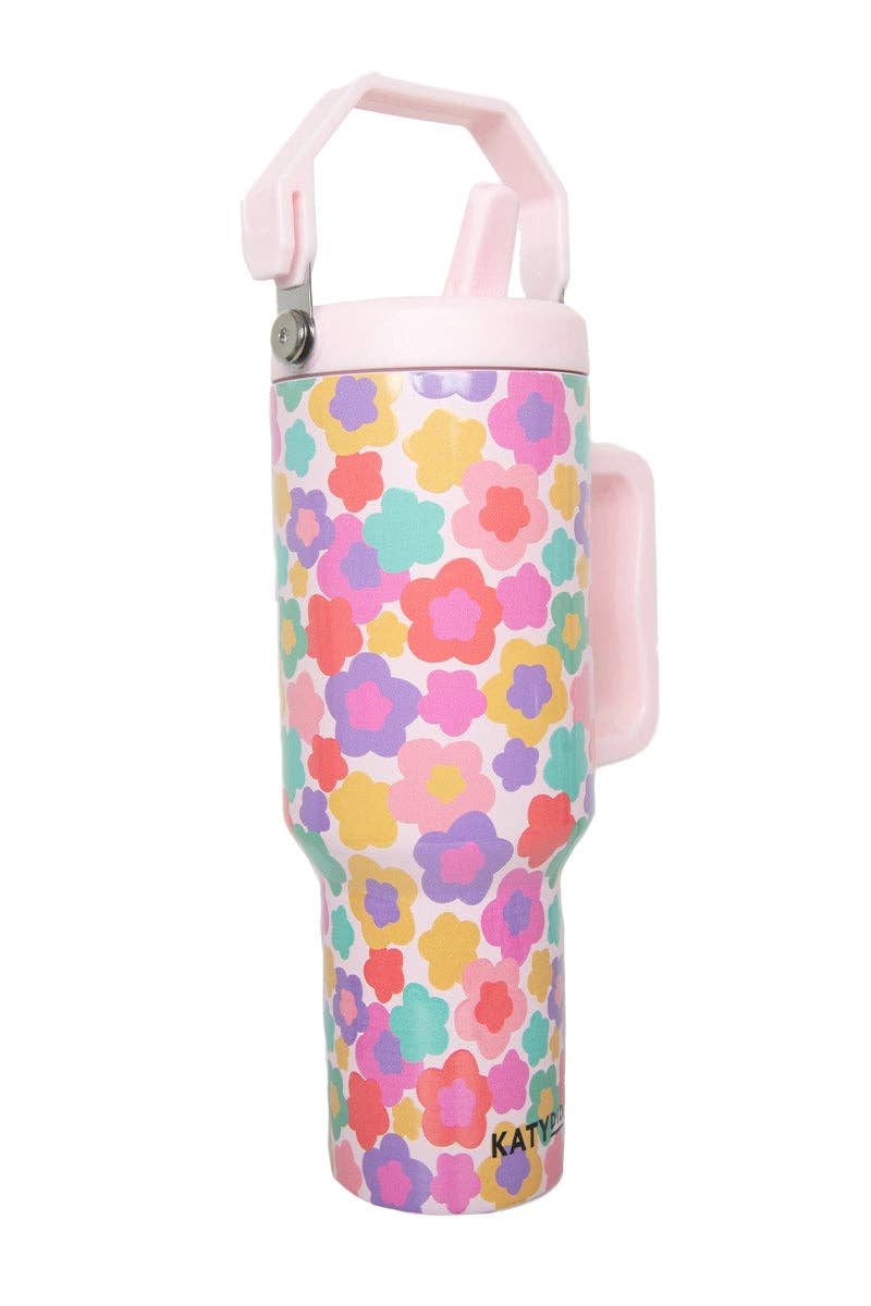 Groovy Multicolored Flowers Easter Tumbler with Straw: Light Pink
