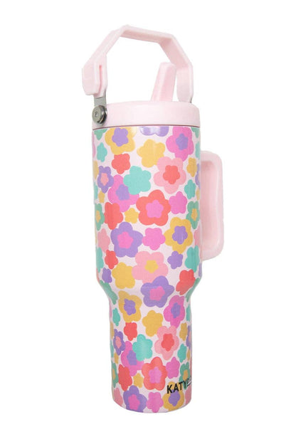 Groovy Multicolored Flowers Easter Tumbler with Straw: Light Pink