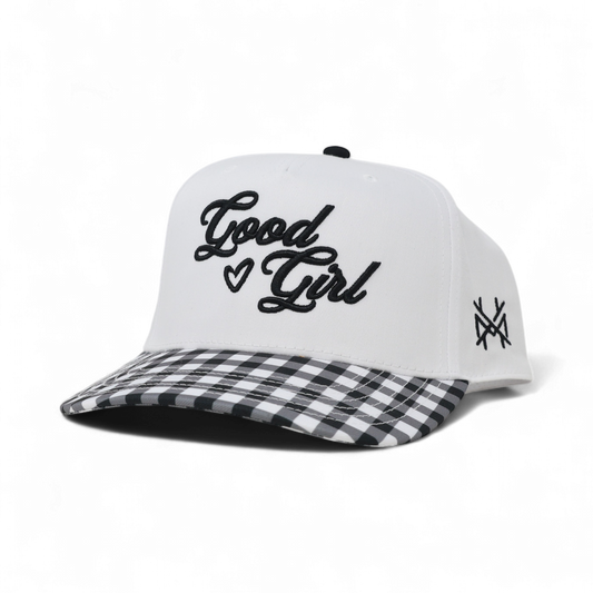 Good Girl Trucker Hat: Retro Black Check/White