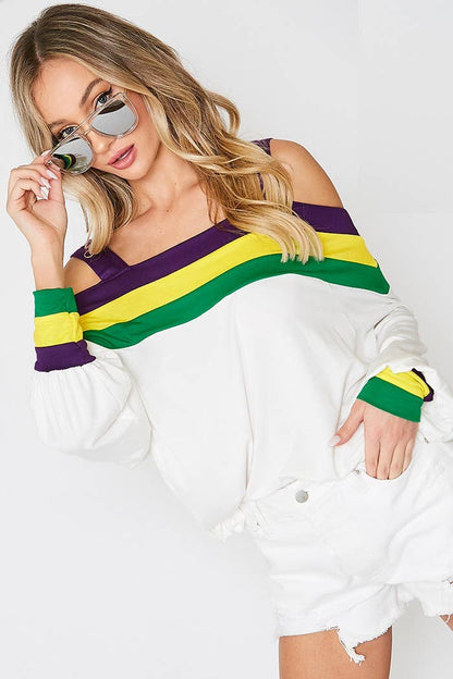 Mardigras. Cold shoulder color blocked knit top VT31284B: Multi
