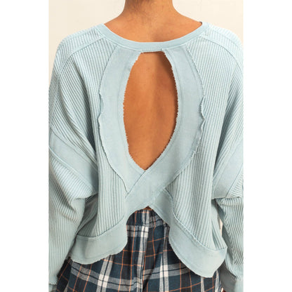 Open Back Textured Knit Long Sleeve Top: CHESTNUT