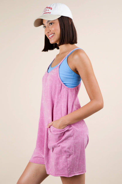 NP70359-Mineral Washed Sleeveless Casual Knit Romper: SUNSET