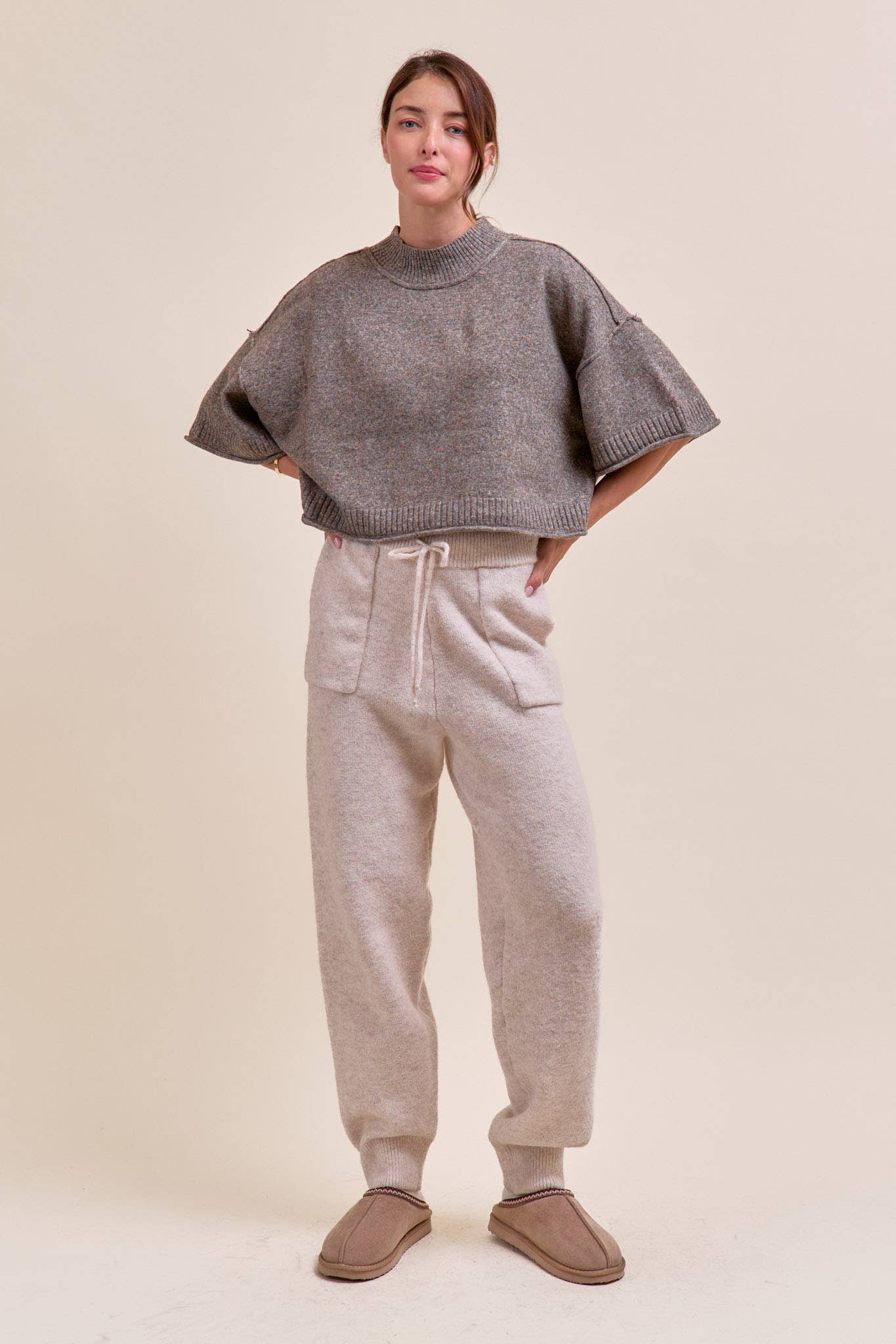 MARLED KNIT MOCK NECK SHORT SLEEVE SWEATER MSW11178: Red