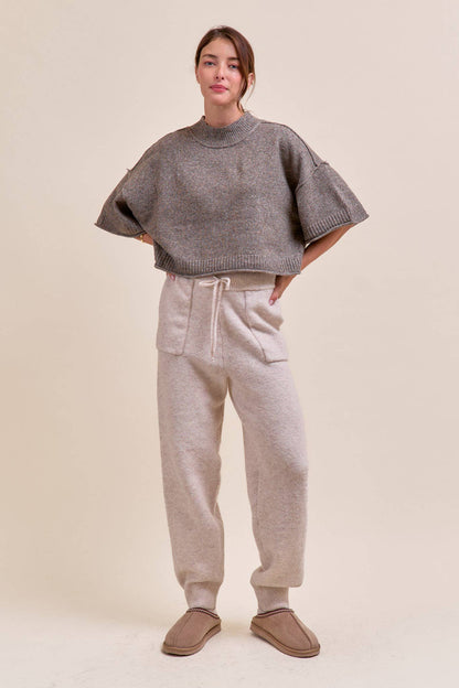 MARLED KNIT MOCK NECK SHORT SLEEVE SWEATER MSW11178: Red