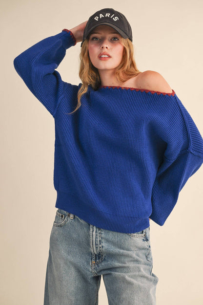 BOAT NECK TRIANGLE STITCH PUFF SLEEVE SWEATER MSW11245: CHOCOLATE CREAM