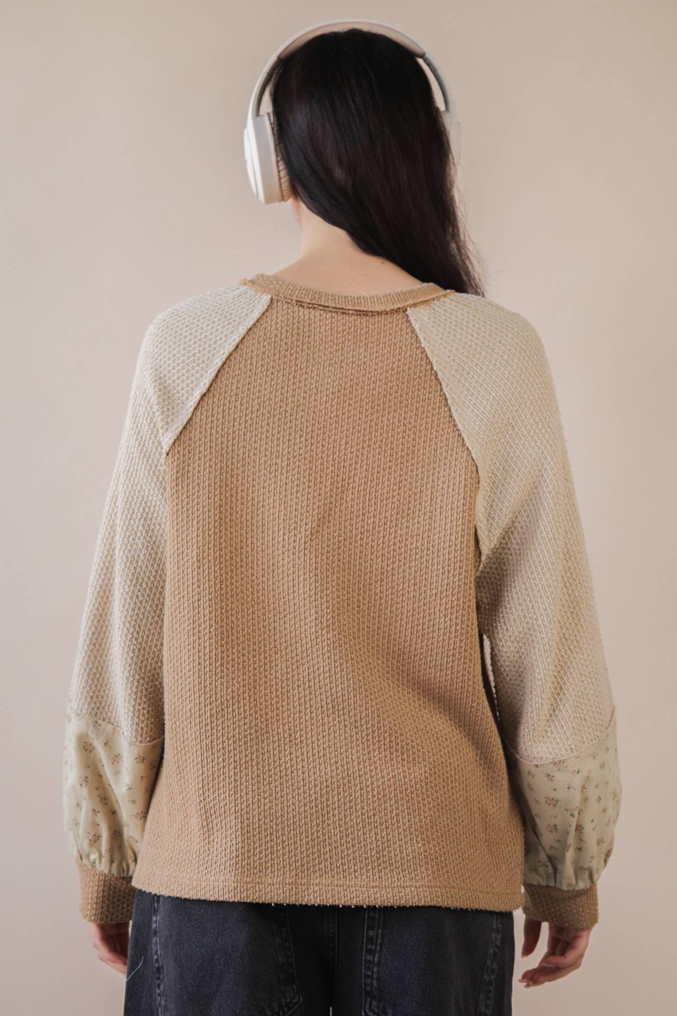 NT12328-Raglan Sleeve Color Block Casual Textured Knit Top: BABY BLUE