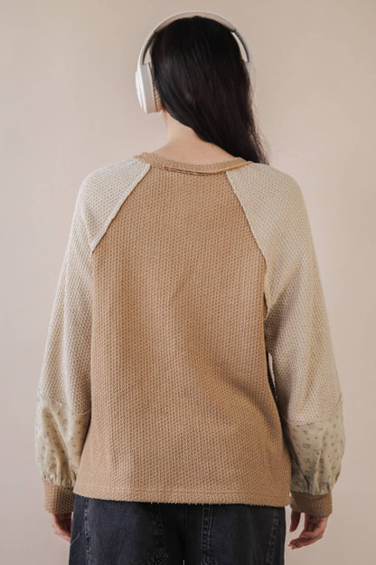 NT12328-Raglan Sleeve Color Block Casual Textured Knit Top: BABY BLUE