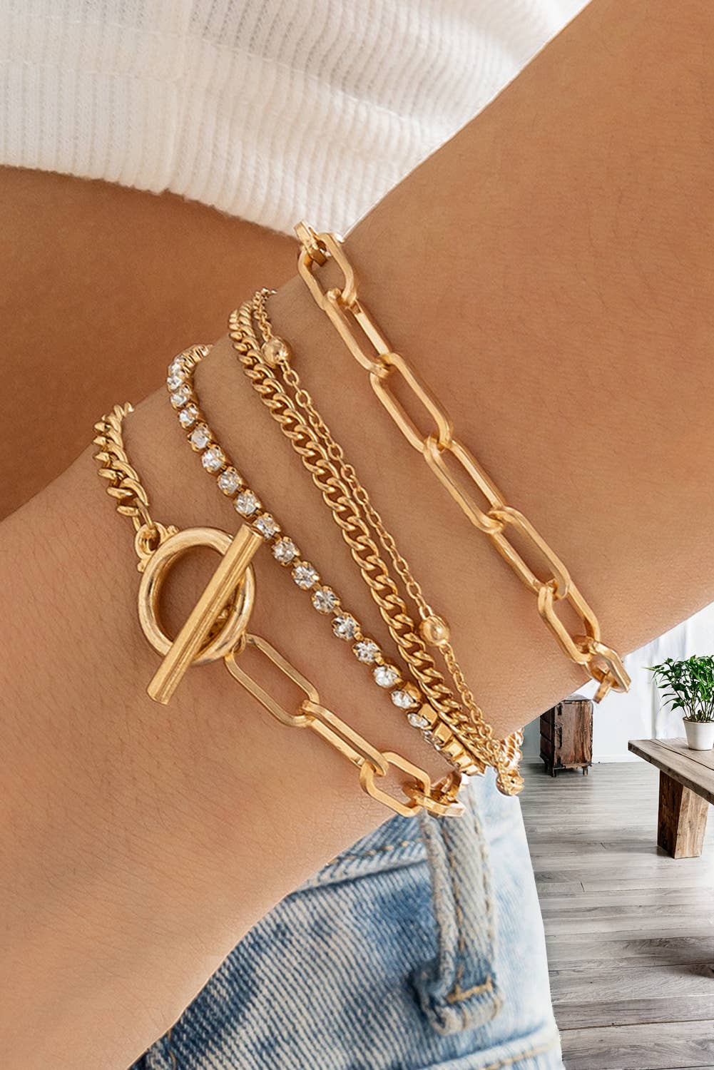 Multi Layered Rhinestone Chain Bracelet Set: Gold