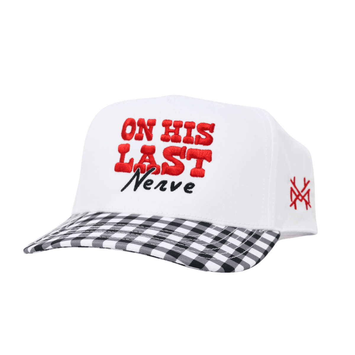On His Last Nerve Trucker Hat: Retro Black Check/White