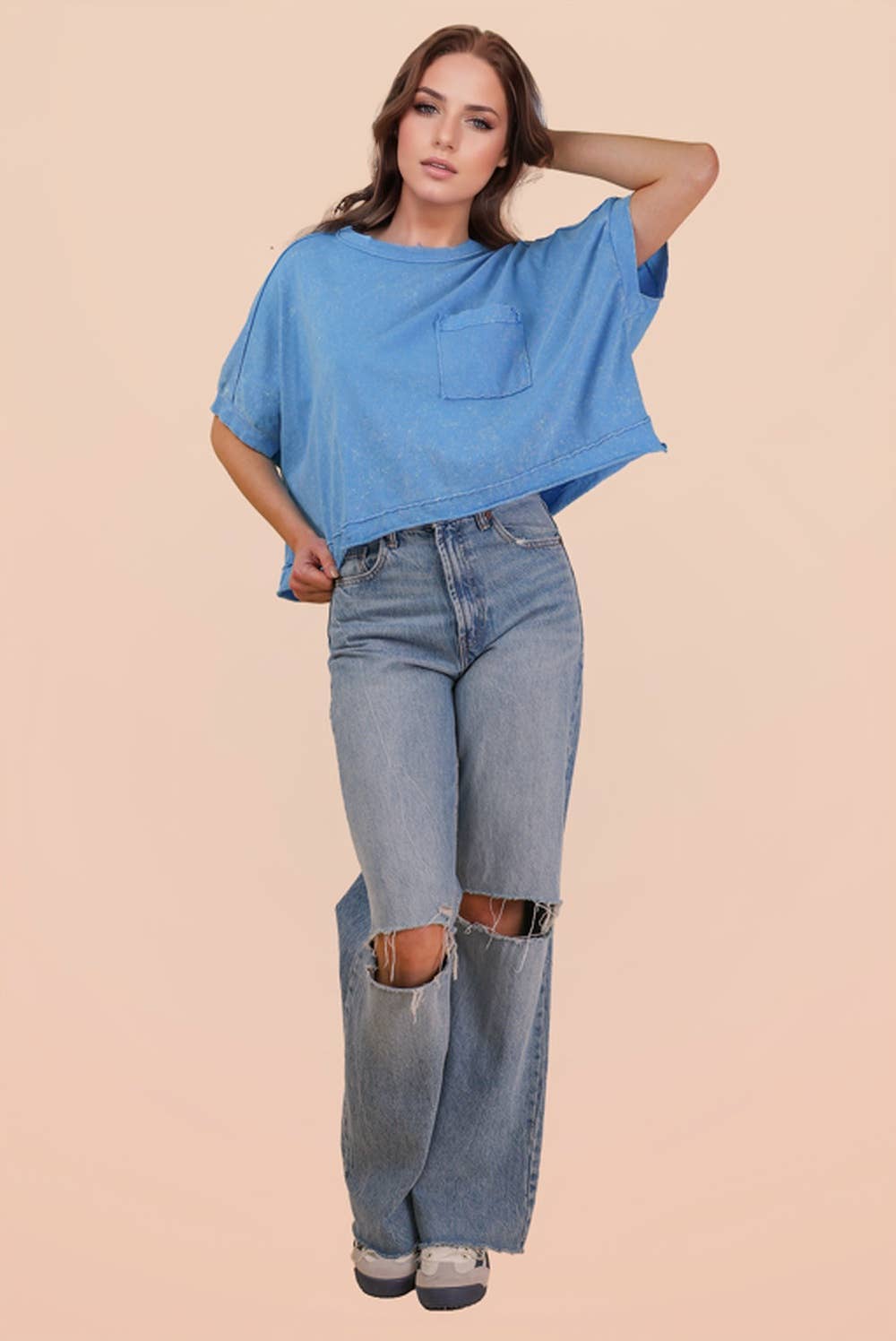 NT11429-Mineral Washed Oversized Crop Comfy Knit Top: BLUE