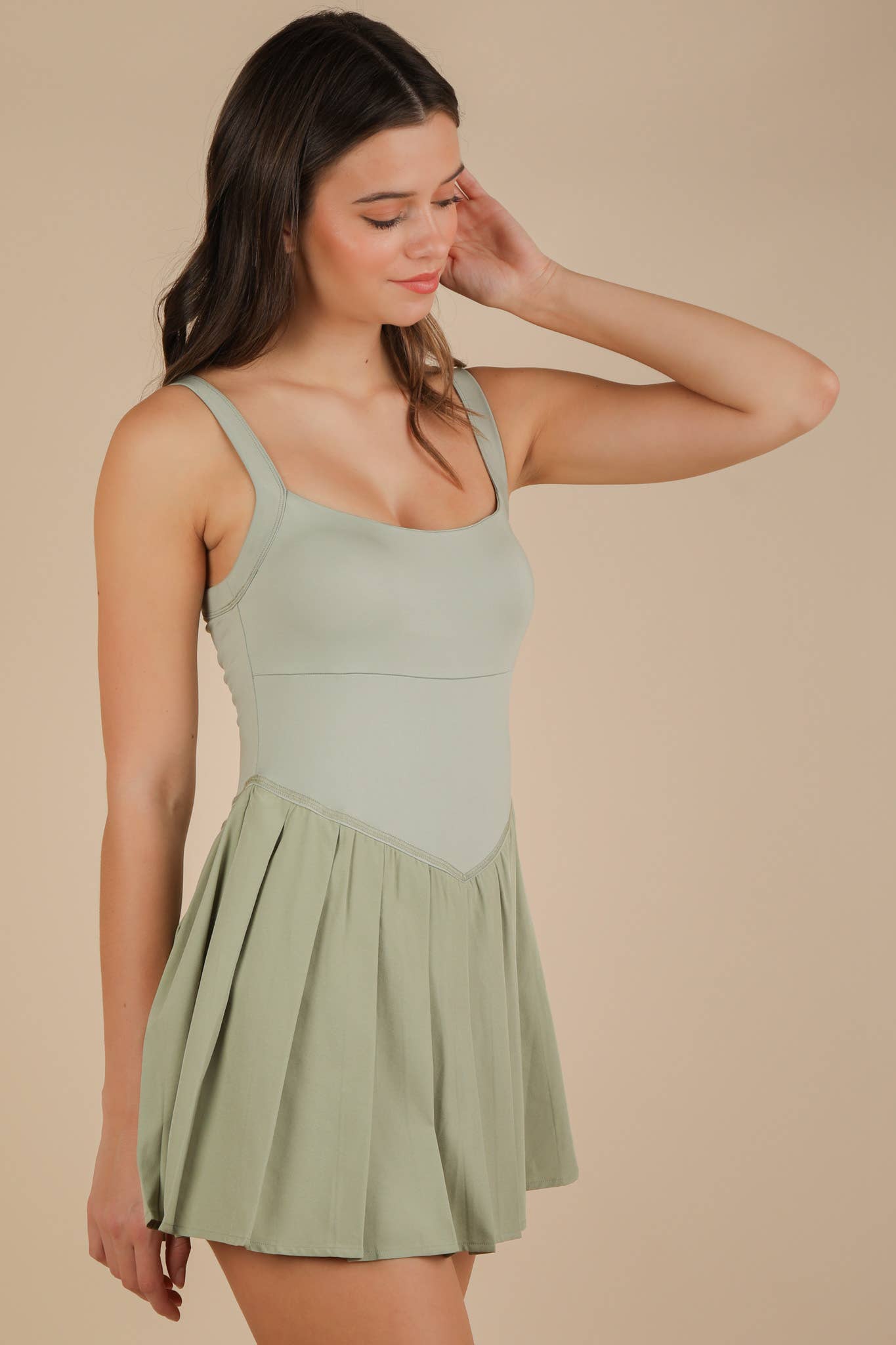 ND31725-Pleated Skirt Activewear Dress W/ Under Shorts: SAGE