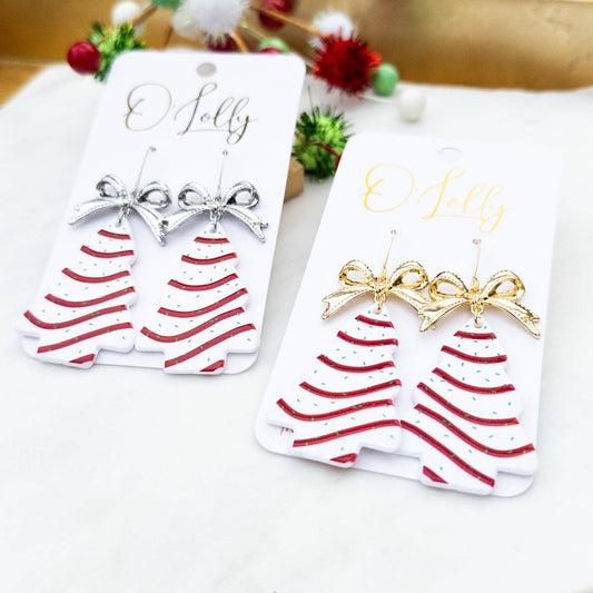 Christmas Tree Cake w/Bow Earrings: Gold