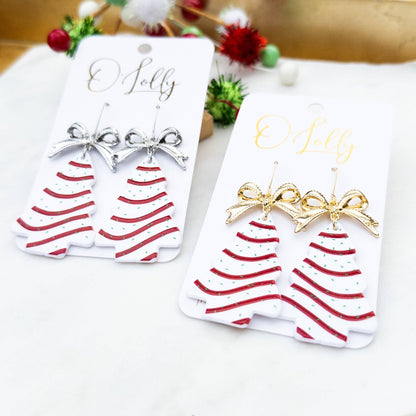 Christmas Tree Cake w/Bow Earrings: Silver