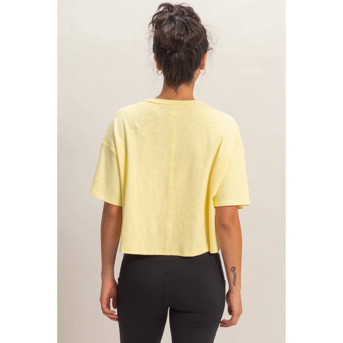 Boxy Crew Neck Top With Pocket: PALE YELLOW