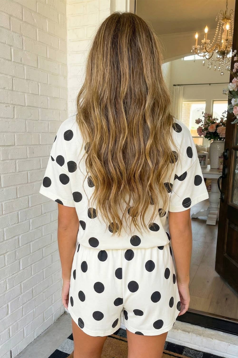 LAS Polka Dot Print Loose Tee Drawstring Short Set (S-XL): Beige / Missy