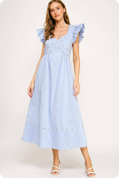 Contrast Multi Color Piping Midi Dress: Chambray