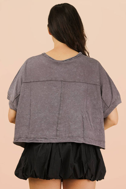 NT11429-Mineral Washed Oversized Crop Comfy Knit Top: BLUE