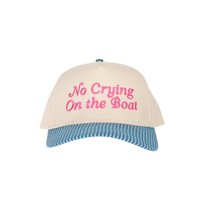 No Crying on the Boat Embroidered Trucker Hat: Blue Stripe/Pink