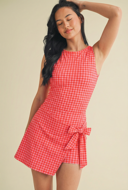 Gingham Print Sleeveless Wrap Tie Front Dress : Hot Pink Gingham