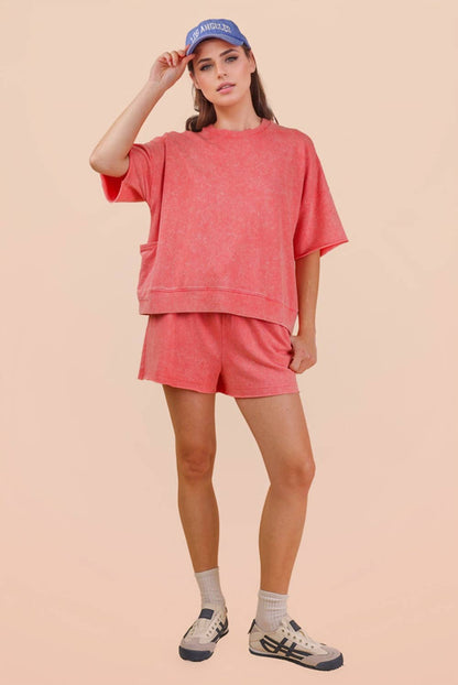 Mineral Washed Knit Casual Top & Shorts: DENIM