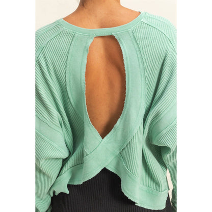 Open Back Textured Knit Long Sleeve Top: CHESTNUT