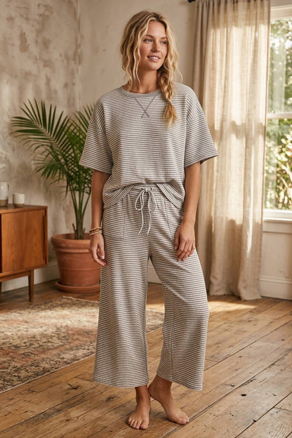 Striped Knit Top and Pants Set: HEATHER GREY/WHITE