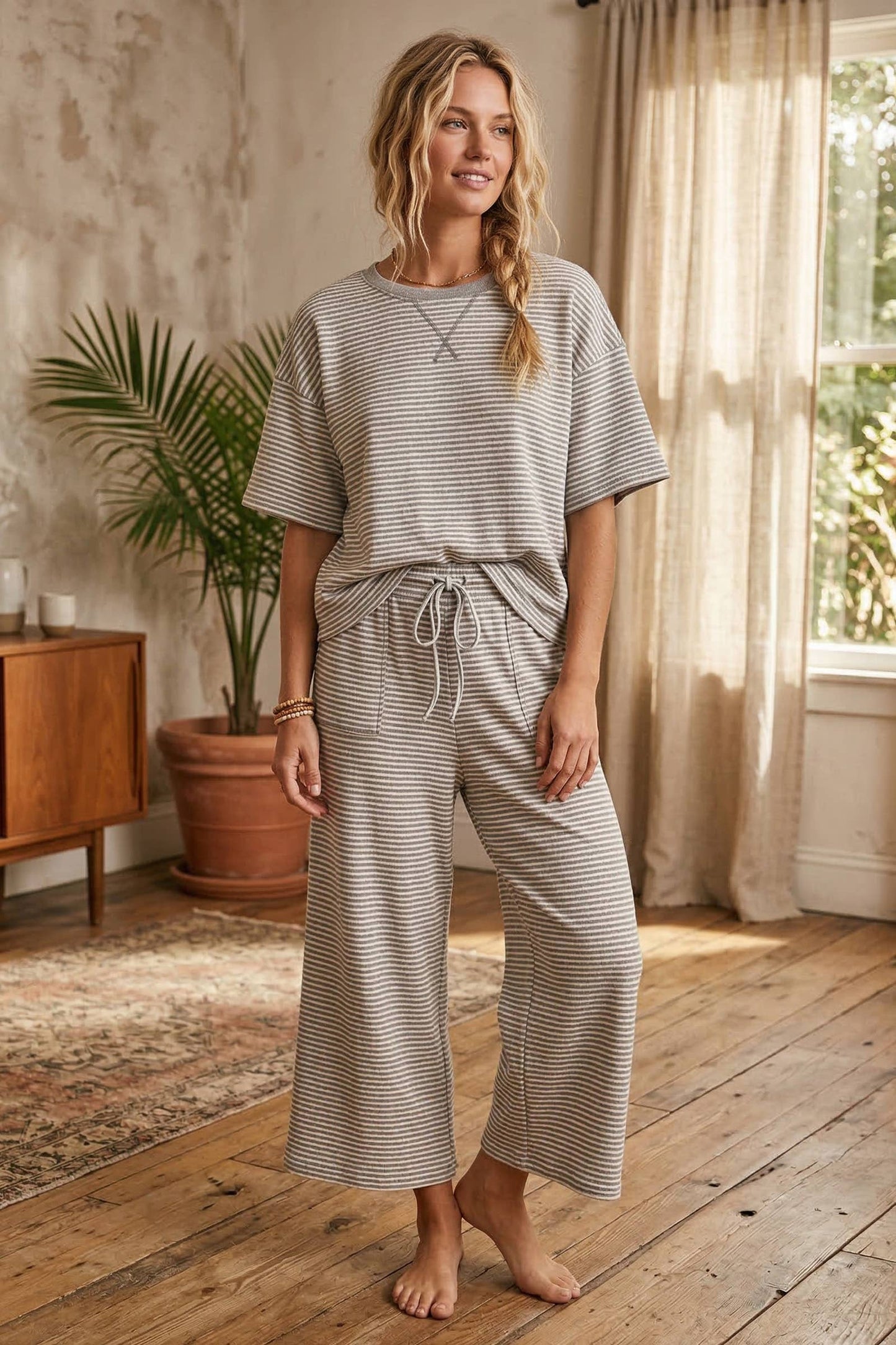 Striped Knit Top and Pants Set: MINT/LILAC