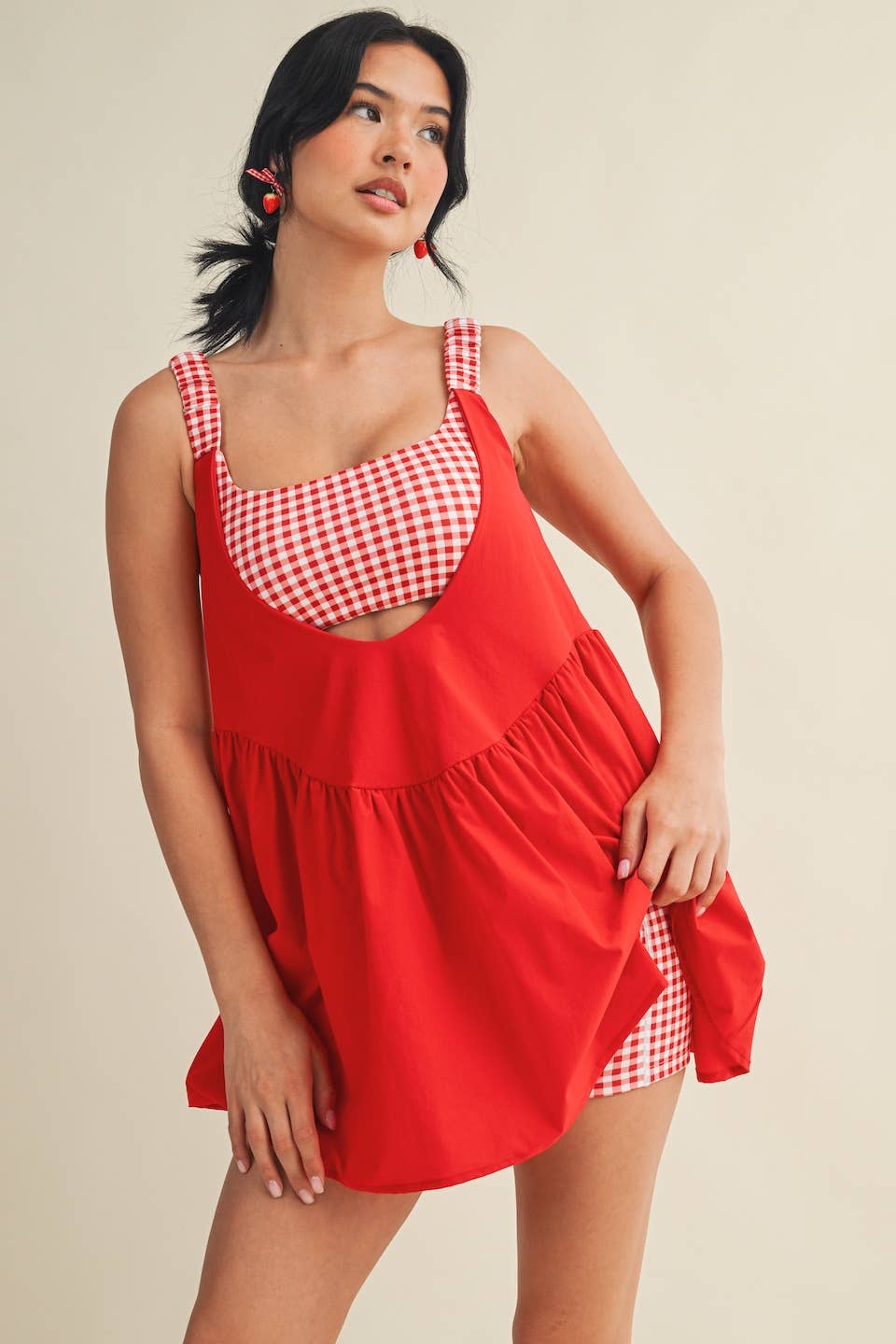 Gingham Print Double Layered Play Dress: Red / S