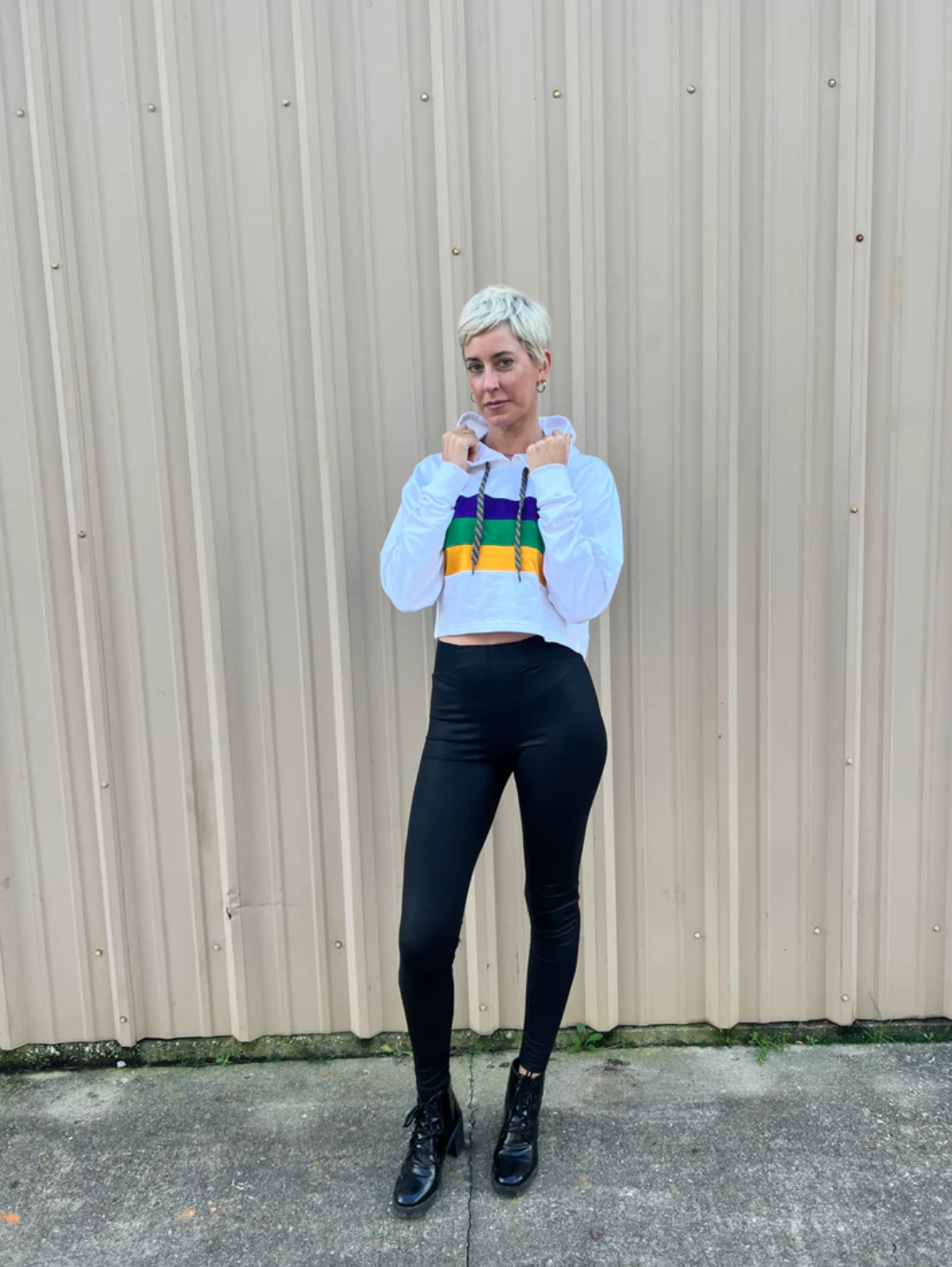 White Chest Stripe Junior/Misses Pullover Crop Hoodie