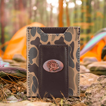 Turkey Men's Magnetic Front Pocket Old School Camo Leather Wallet.: Brown/Tan Camo