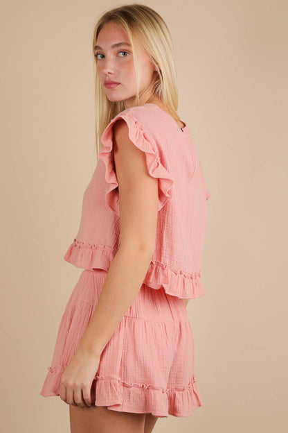 NT12150SET-Ruffled Solid Woven Top & Shorts Set: SAGE