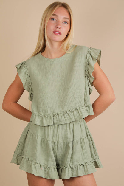 NT12150SET-Ruffled Solid Woven Top & Shorts Set: SAGE