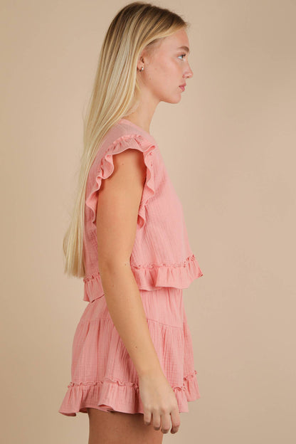 NT12150SET-Ruffled Solid Woven Top & Shorts Set: SAGE