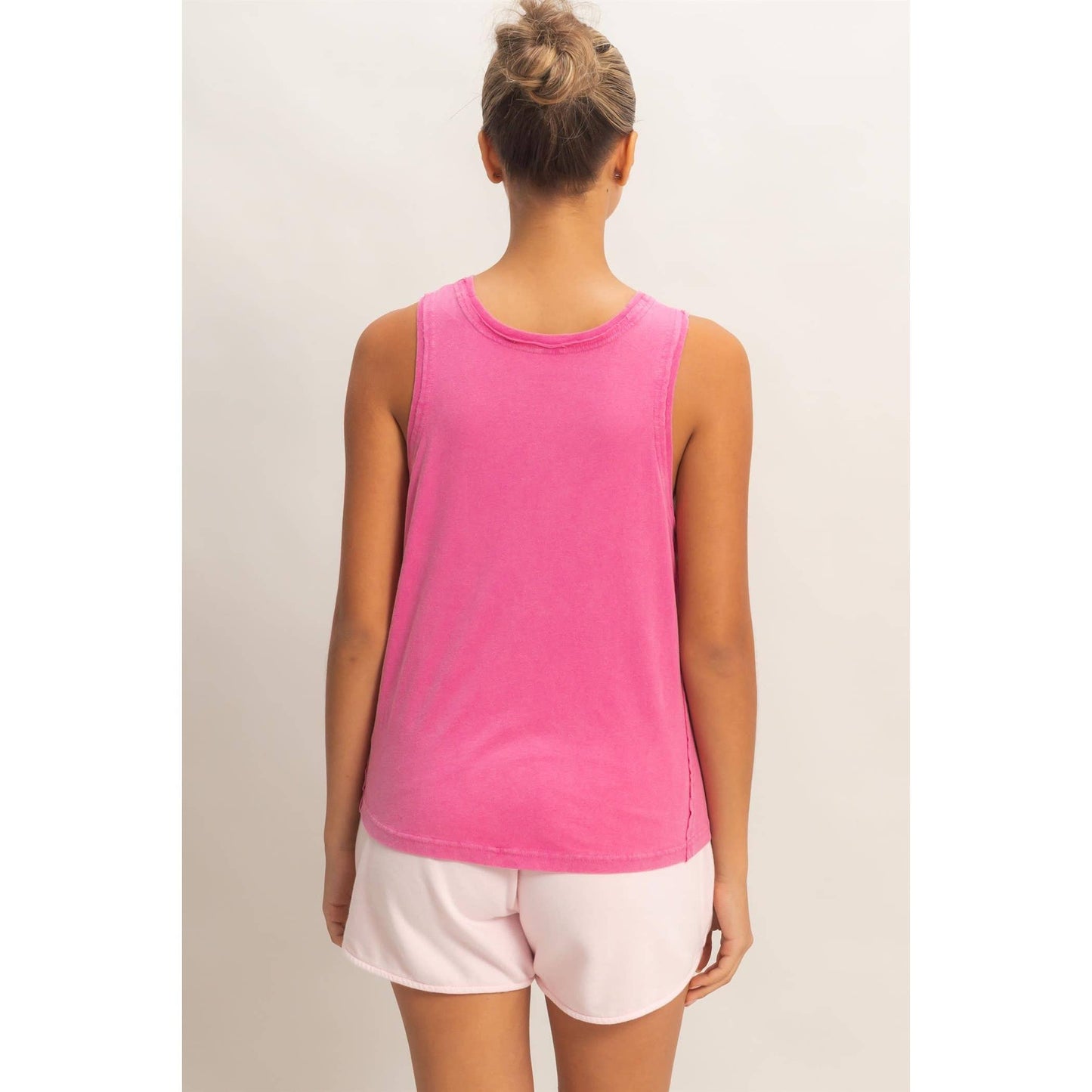 Raw Edge Details Sleeveless Washed Top: FUCHSIA