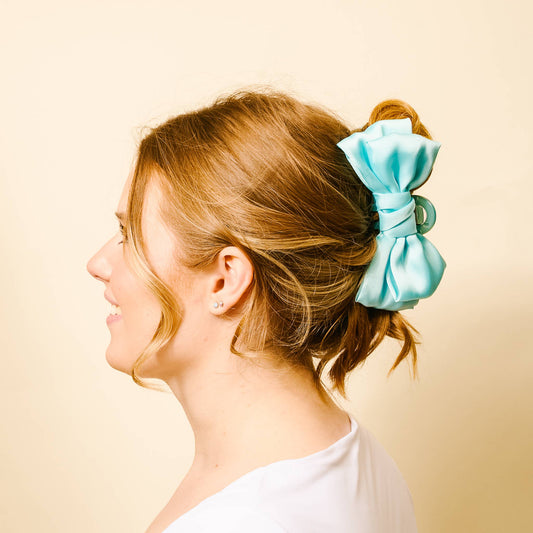 Satin Bow Claw Clip-Aqua