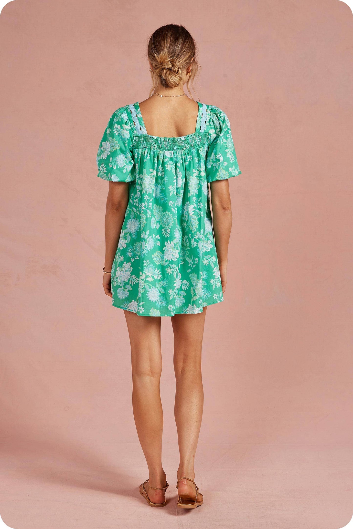 Botanical Garden Ric-Rac Puff Sleeve Mini Dress: Green Multi