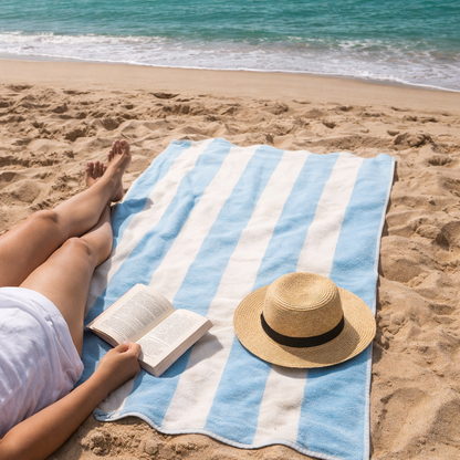 Large Scalloped Striped Beach Towel 90 x 170cm - 100% Cotton: Navy