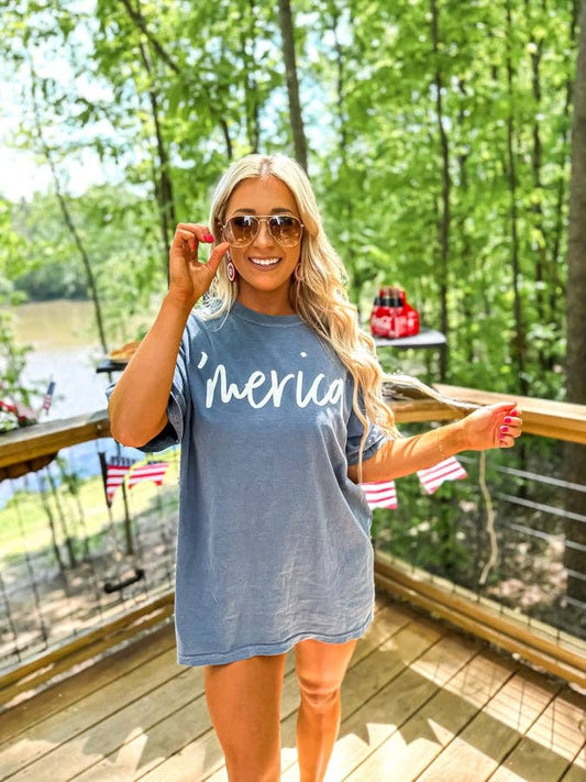 Merica Puff on Denim Graphic Tee