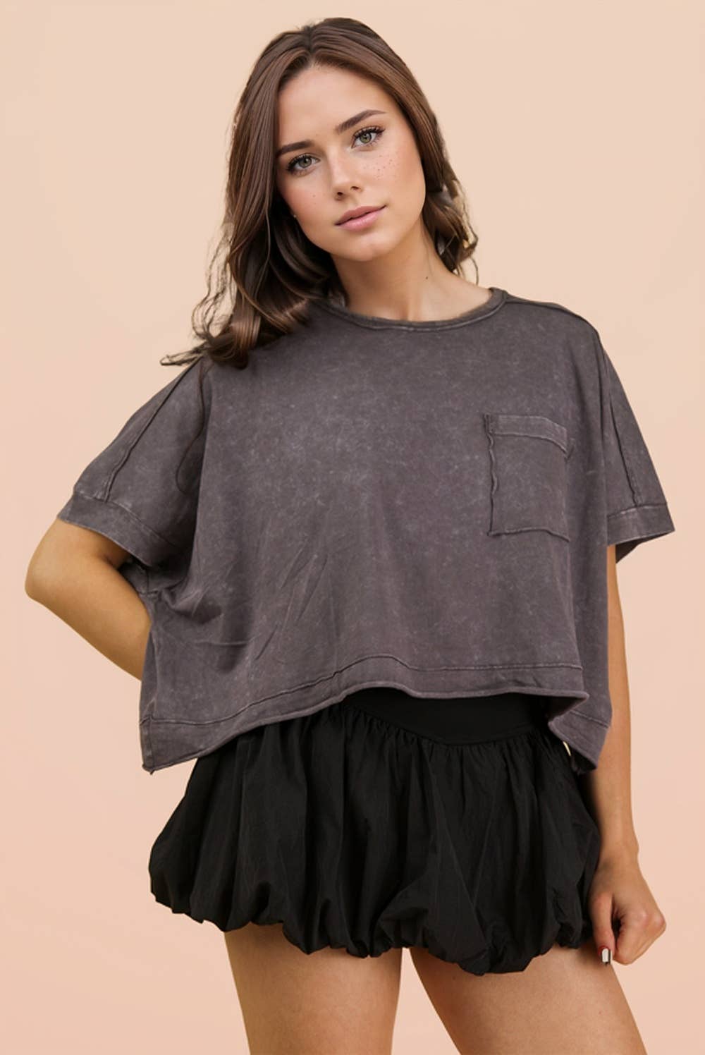 NT11429-Mineral Washed Oversized Crop Comfy Knit Top: BLUE